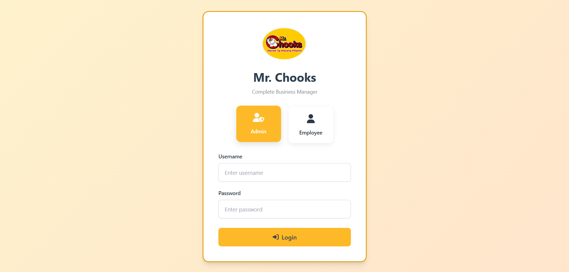 Mr. Chooks POS login preview